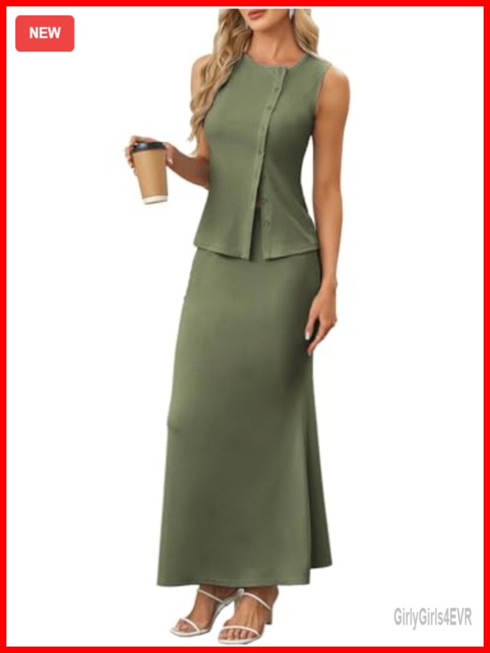Knit Two Piece Maxi Skirt Set Sleeveless Tank Top Bodycon Slit Skirt Outfit
